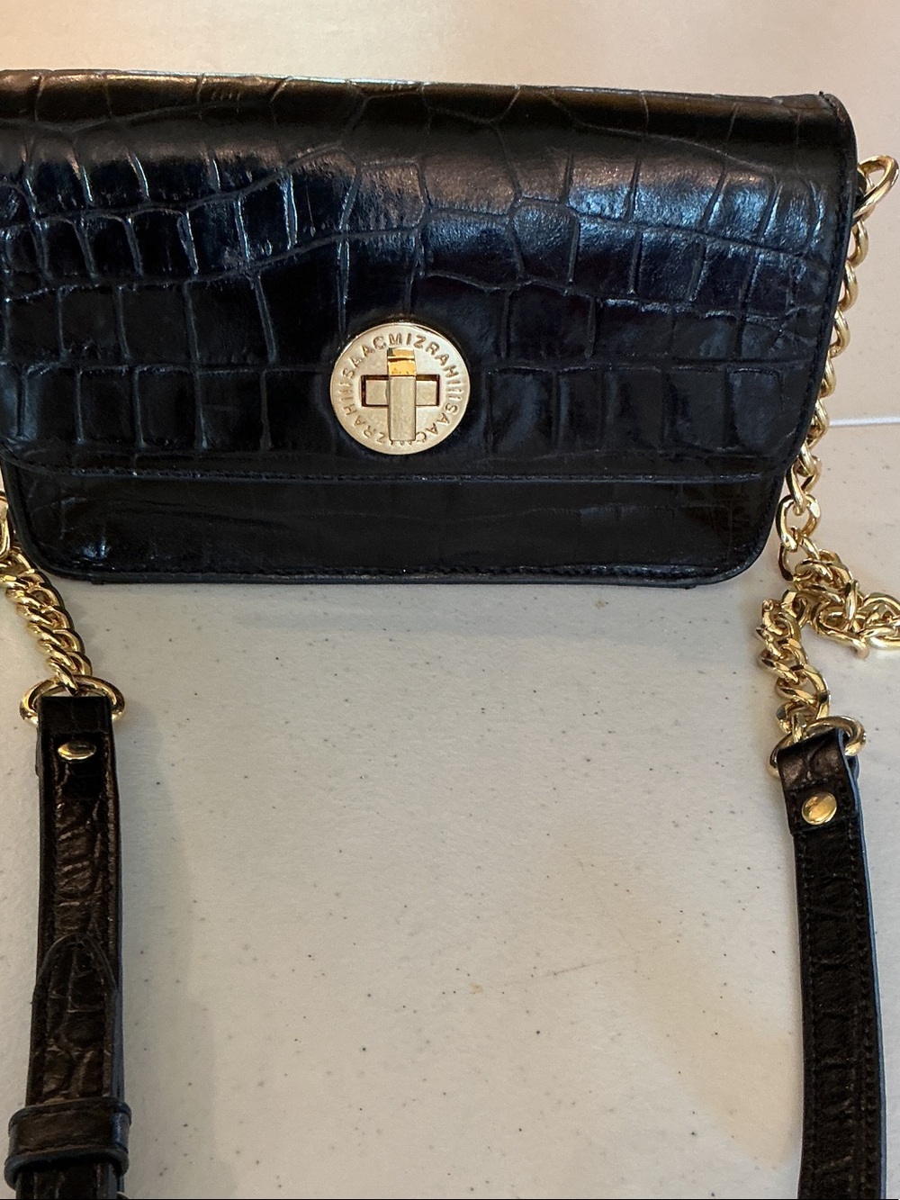 Isaac Mizrahi Black Croc-Embossed Crossbody with Gold Chain